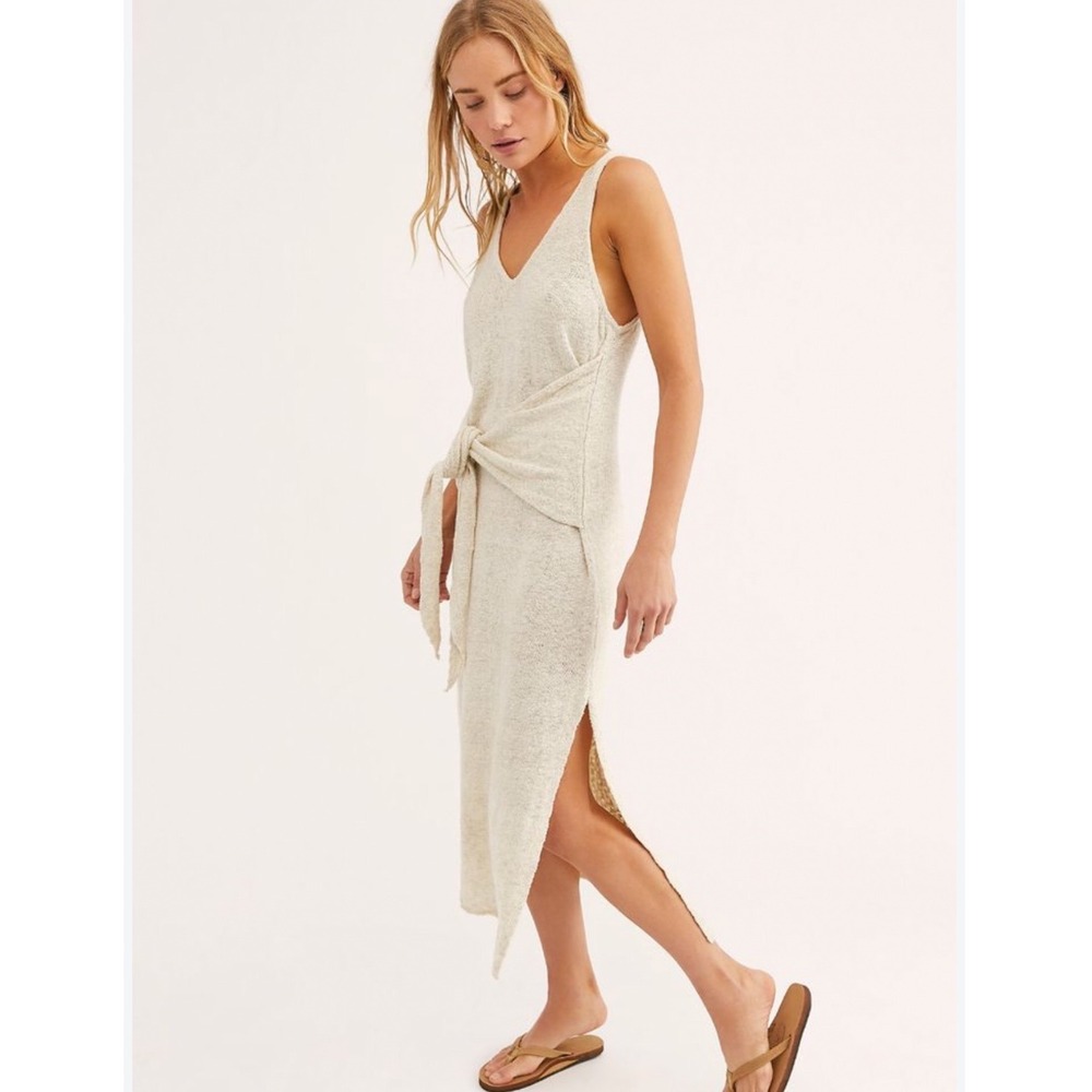 Free People Beach Midi Dress Cream Oatmeal Knit Tie Front Sleeveless Medium